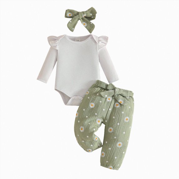 larppty Newborn Baby Girl Clothes Rib Knit Romper Daisy Print Pants Infant Girl Outfit with Headband