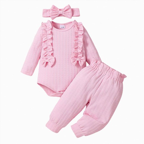 larppty Newborn Baby Girl Fall Outfit Bow Ruffle Long Sleeve Bubble Romper Long Pants Set Headband Infant 3Pcs Clothes