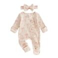 thumbnail image 1 of larppty Newborn Baby Girl Fall Winter Clothes Coming Home Outfit Ruffle Romper Cute Ribbed Knit Jumpsuit Headband, 1 of 7