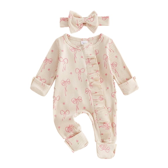 larppty Newborn Baby Girl Fall Winter Clothes Coming Home Outfit Ruffle Romper Cute Ribbed Knit Jumpsuit Headband