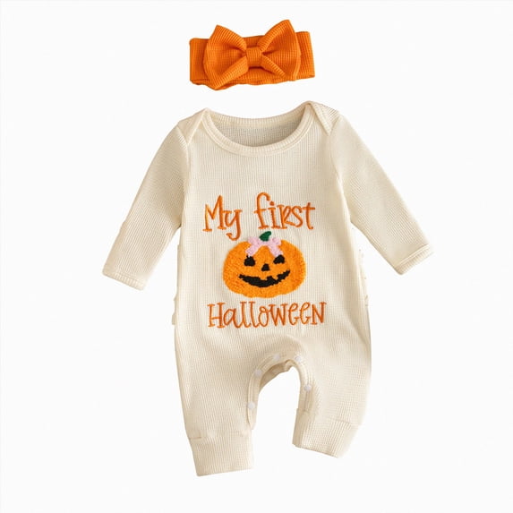 larppty Newborn Baby Girl Halloween Clothes Ghost/Pumpkin Embroidery Jumpsuit Long Sleeve Romper Onesie