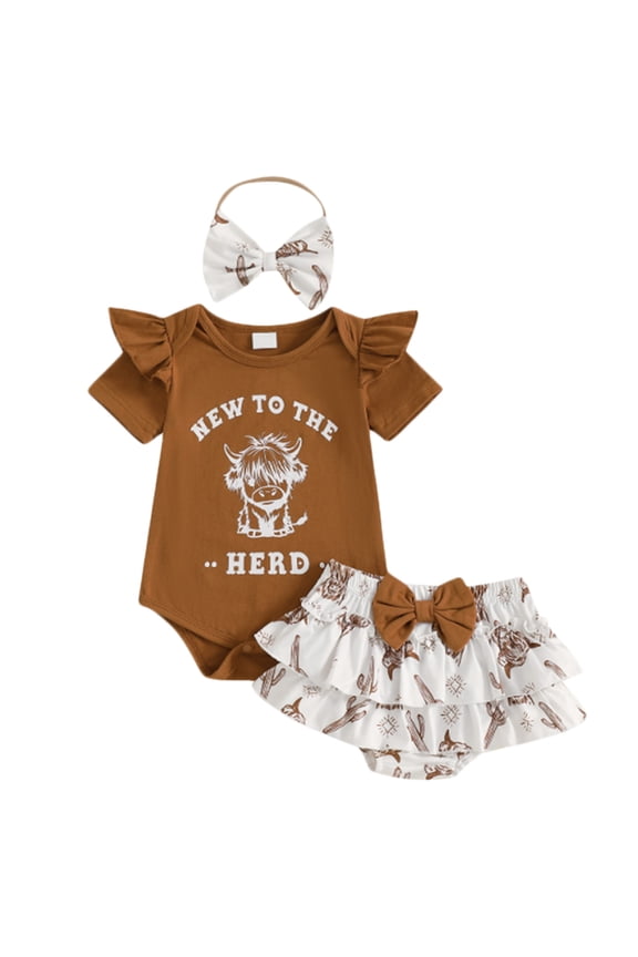 Newborn Baby Girl Western Clothes New to the Herd Romper Cow Print Shorts Set Summer Coming Home Cowgirl Outfit(Brown, 3-6 Months)