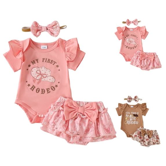 larppty Newborn Baby Girl Western Outfit My First Rodeo Short Sleeve Ruffle Romper Skirt Headband Set Summer Clothes(Brown, 3-6 Months)