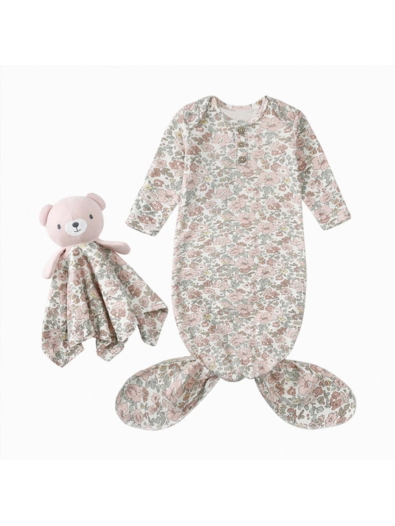 Newborn Baby Knotted Sleep Gown Printed Sleepwear Sleeping Bag Nightgown Infant Bear Security Blanket Snuggle Toy (Multicolour)