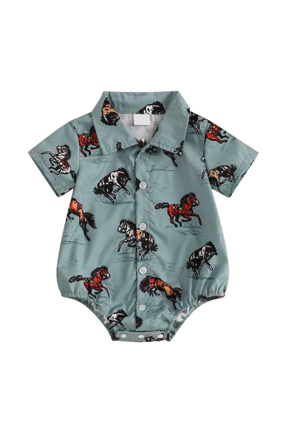 Newborn Infant Western Baby Boy Clothes Cowboy Button Down Dress Shirt Bubble Romper Bodysuit Country Style Outfit(Blue, 0-3 Months)