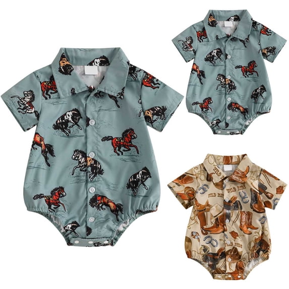 larppty Newborn Infant Western Baby Boy Clothes Cowboy Button Down Dress Shirt Bubble Romper Bodysuit Country Style Outfit(Brown, 6-12 Months)