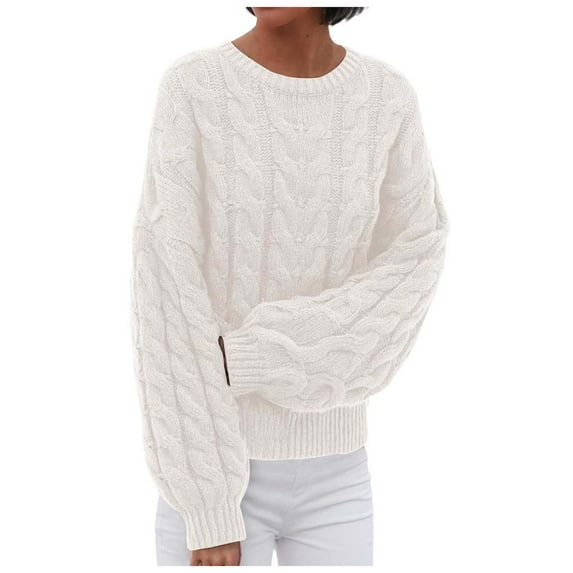 larppty Oversized Cable Knit Sweaters for Women Trendy 2025 Fall Fashion Outfits Pullover Crewneck Sweaters Tops (White, M)
