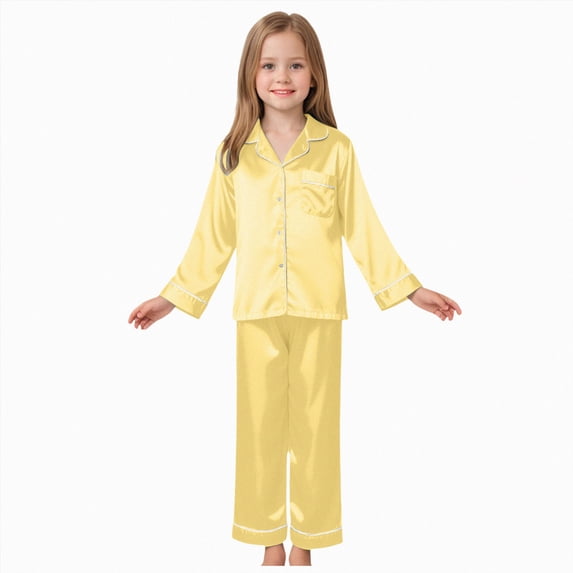 larppty Pajama Set for Kid Baby Boy Girl Button-up Silk Pajama Sleepwear Nightwear Loungewear Clothes Set Gifts for Kids (11-12 Years,Yellow)