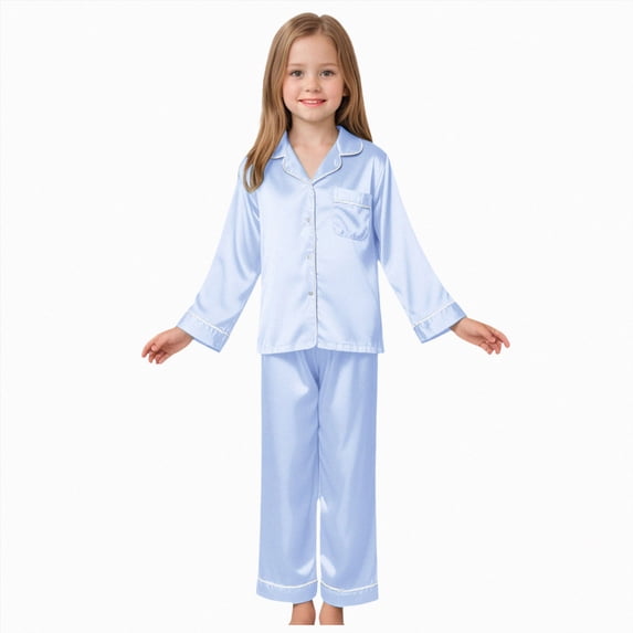 larppty Pajama Set for Kid Baby Boy Girl Button-up Silk Pajama Sleepwear Nightwear Loungewear Clothes Set Gifts for Kids (7-8 Years,Light Blue)