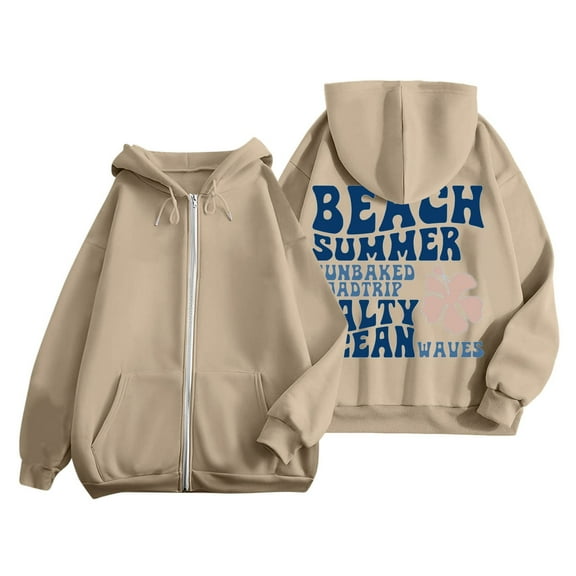 larppty Puff Print Lettering Oversized Full Zip Hoodie with Pocket - Y2K Preppy Pullover for Women Teens Girls（Beige，L）