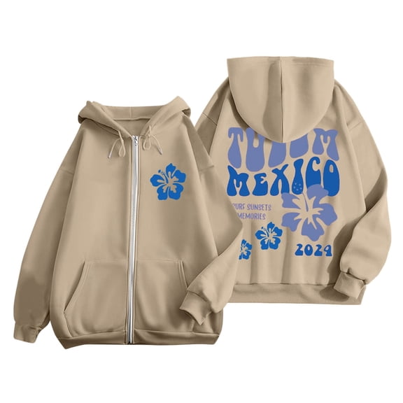 larppty Puff Print Lettering Oversized Full Zip Hoodie with Pocket - Y2K Preppy Pullover for Women Teens Girls（Beige，XXL）