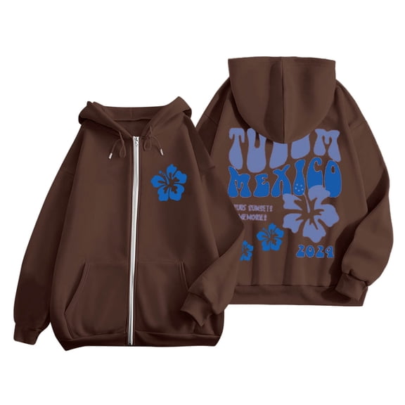 larppty Puff Print Lettering Oversized Full Zip Hoodie with Pocket - Y2K Preppy Pullover for Women Teens Girls（Brown，L）
