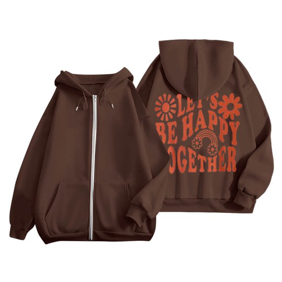 larppty Puff Print Lettering Oversized Full Zip Hoodie with Pocket - Y2K Preppy Pullover for Women Teens Girls（Brown，S）