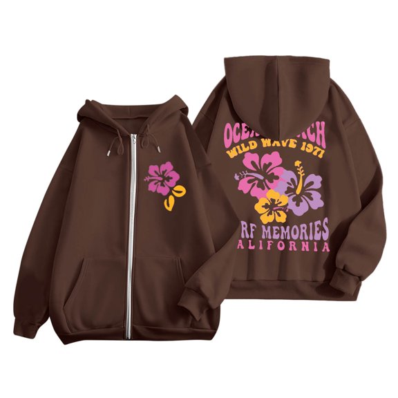 larppty Puff Print Lettering Oversized Full Zip Hoodie with Pocket - Y2K Preppy Pullover for Women Teens Girls（Brown，S）