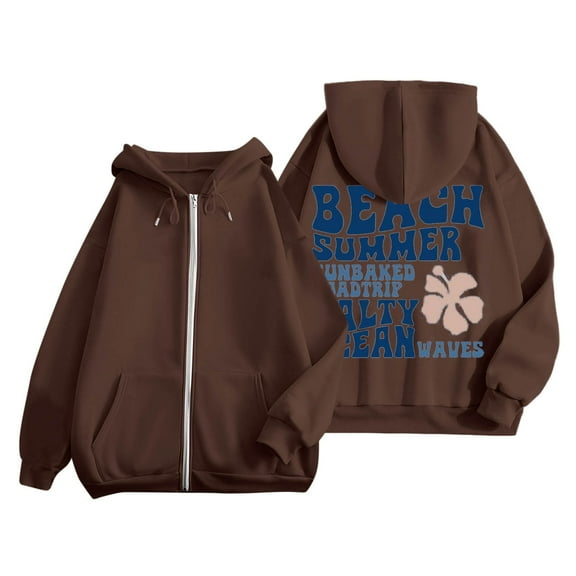 larppty Puff Print Lettering Oversized Full Zip Hoodie with Pocket - Y2K Preppy Pullover for Women Teens Girls（Brown，S）