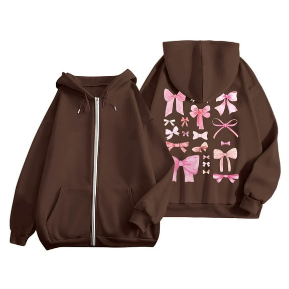 larppty Puff Print Lettering Oversized Full Zip Hoodie with Pocket - Y2K Preppy Pullover for Women Teens Girls（Brown，S）