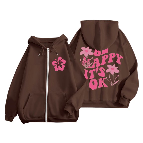larppty Puff Print Lettering Oversized Full Zip Hoodie with Pocket - Y2K Preppy Pullover for Women Teens Girls（Brown，XXL）