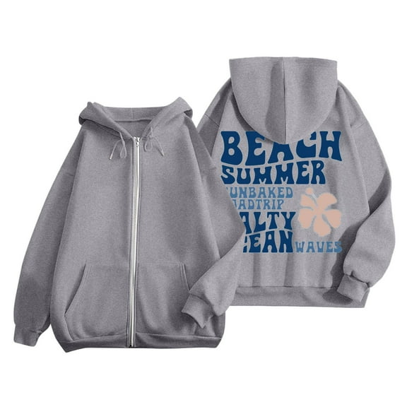 larppty Puff Print Lettering Oversized Full Zip Hoodie with Pocket - Y2K Preppy Pullover for Women Teens Girls(Grey,XL)