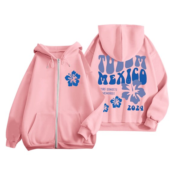 larppty Puff Print Lettering Oversized Full Zip Hoodie with Pocket - Y2K Preppy Pullover for Women Teens Girls（Pink，L）