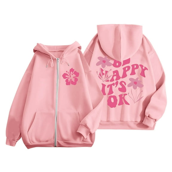 larppty Puff Print Lettering Oversized Full Zip Hoodie with Pocket - Y2K Preppy Pullover for Women Teens Girls(Pink,XXL)