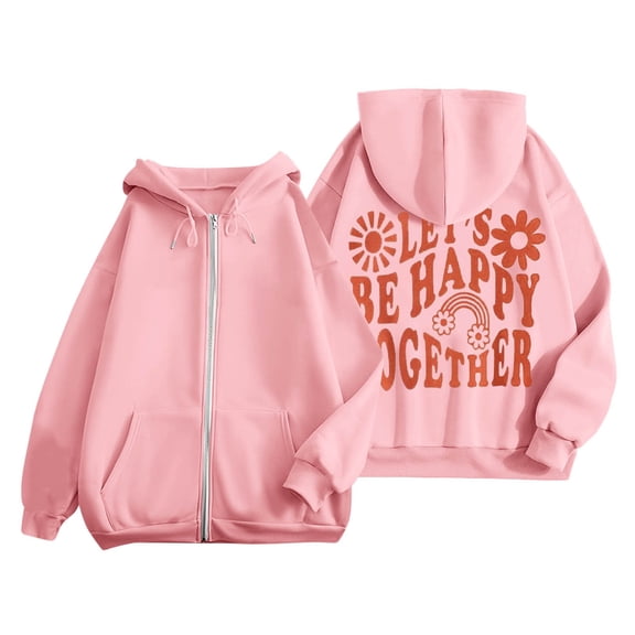 larppty Puff Print Lettering Oversized Full Zip Hoodie with Pocket - Y2K Preppy Pullover for Women Teens Girls（Pink，XXL）