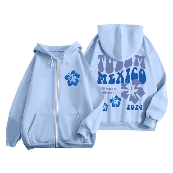 larppty Puff Print Lettering Oversized Full Zip Hoodie with Pocket - Y2K Preppy Pullover for Women Teens Girls(Sky Blue,XL)