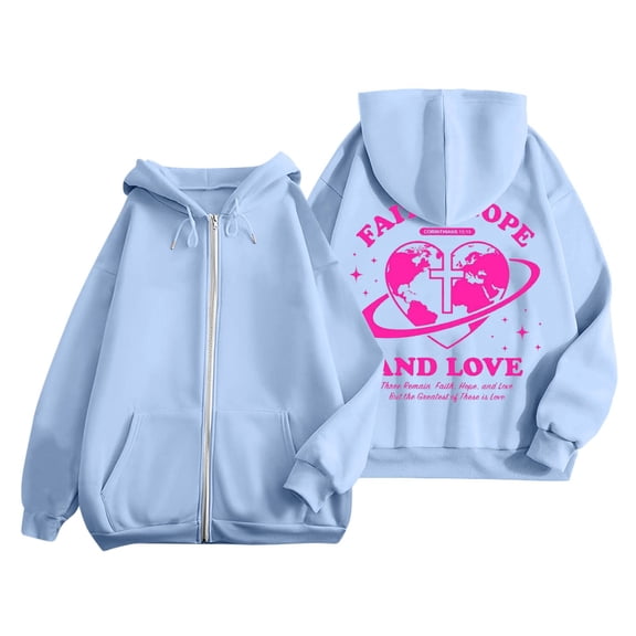larppty Puff Print Lettering Oversized Full Zip Hoodie with Pocket - Y2K Preppy Pullover for Women Teens Girls（Sky Blue，XXL）