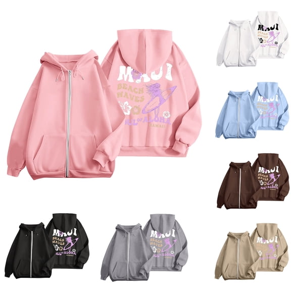 larppty Puff Print Lettering Oversized Full Zip Hoodie with Pocket - Y2K Preppy Pullover for Women Teens Girls（White，M）