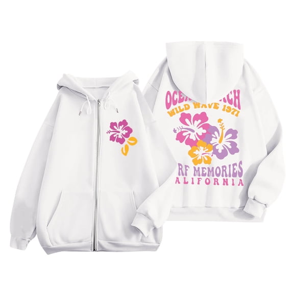 larppty Puff Print Lettering Oversized Full Zip Hoodie with Pocket - Y2K Preppy Pullover for Women Teens Girls（White，XXL）