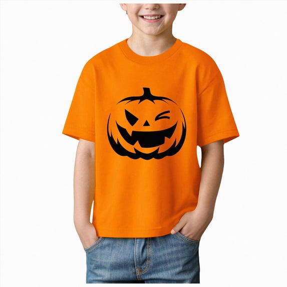 larppty Pumpkin Shirts for Boy Girl Halloween Ghost Tshirts Short Sleeve Tees (Orange,5-6 Years)