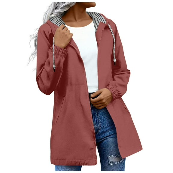 larppty Rain Jacket for Women 2025 Striped Lined Waterproof Lightweight Raincoats Hooded Windbreakers Outfit (Brick Red, 4XL)