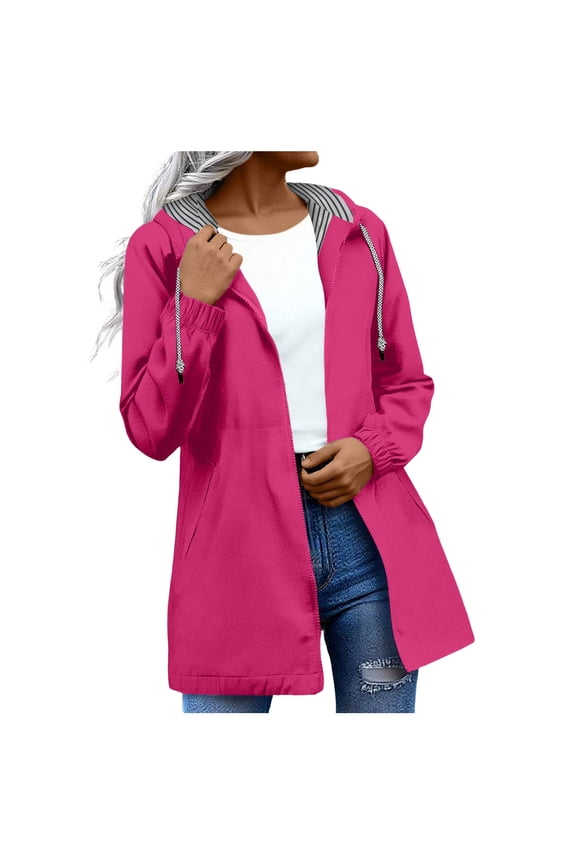 Rain Jacket for Women 2025 Striped Lined Waterproof Lightweight Raincoats Hooded Windbreakers Outfit (Hot Pink, 5XL)