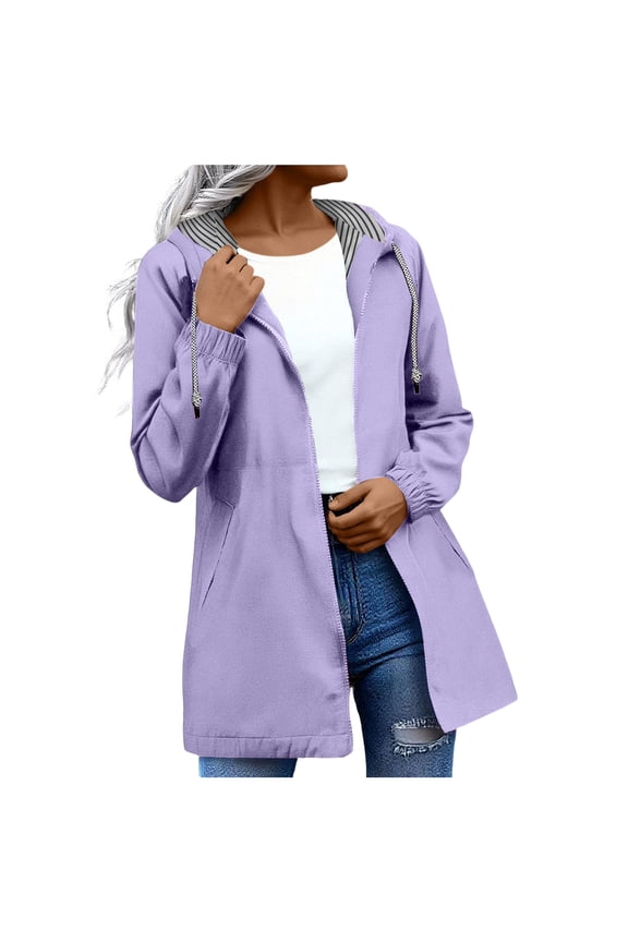 Rain Jacket for Women 2025 Striped Lined Waterproof Lightweight Raincoats Hooded Windbreakers Outfit (Light Purple, 4XL)