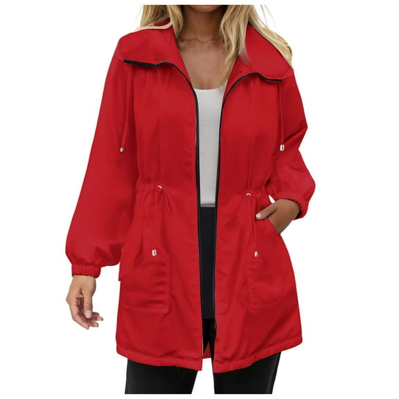 larppty Raincoats Women Rain Jacket Waterproof Lightweight With Hood Windbreaker Jacket Trench Coat (Red, L)