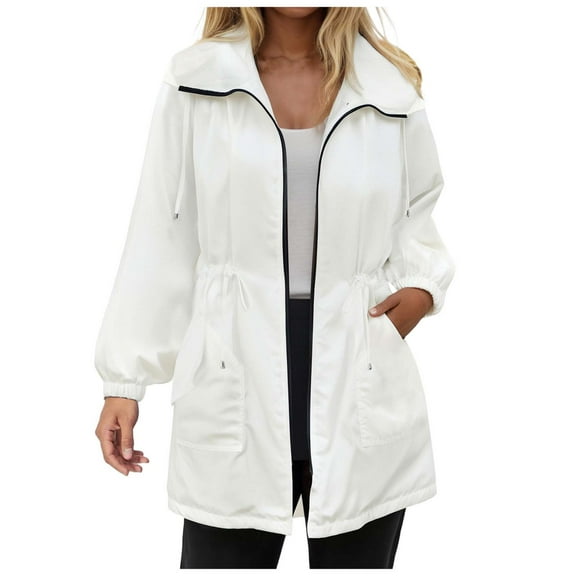 larppty Raincoats Women Rain Jacket Waterproof Lightweight With Hood Windbreaker Jacket Trench Coat (White, L)