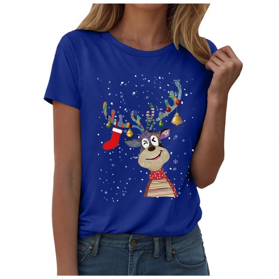 larppty Reindeer Graphic Tees Mom Cute T-Shirts Womens Short Sleeve Xmas Party Casual Tees Tops (Blue, XXL)