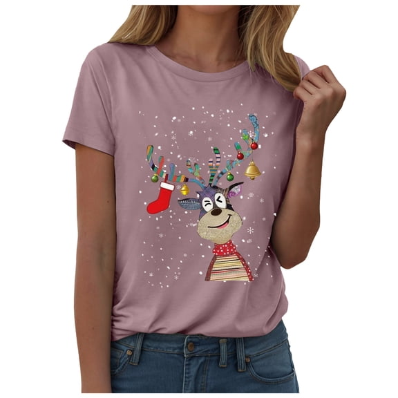 larppty Reindeer Graphic Tees Mom Cute T-Shirts Womens Short Sleeve Xmas Party Casual Tees Tops (Pink, S)