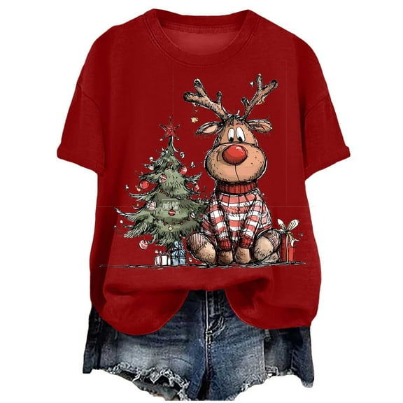 larppty Reindeer Shirt for Women Christmas Graphic Tees Family Party Casual Short Sleeve Xmas Shirt (Red, 3XL)