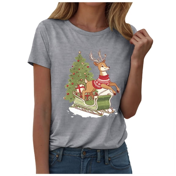 larppty Reindeer & Sleigh Women's Christmas Graphic Tee with Short Sleeves (Grey, 3XL)