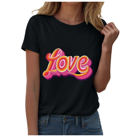 larppty Retro Love Shirt Women Casual Valentine's Day Tshirts Cute Love Letter Print T Shirt Valentine's Day Gift Tops (Black, XL)