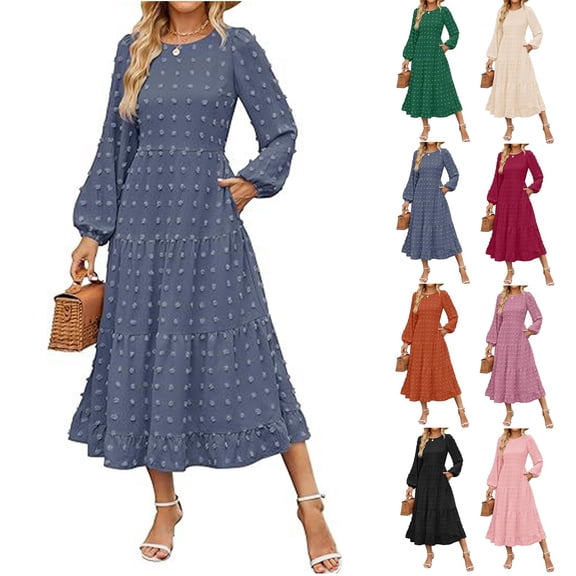 larppty Round Neck Long-Sleeved Layered Flowy A-Line Bohemian Maxi Dress - Wedding Guest Dress for Tall Ladies（Brick Red，L）