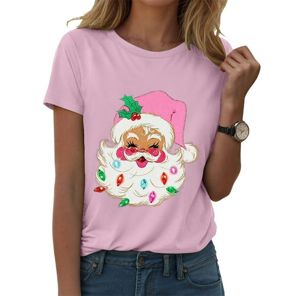 larppty Santa Face Printed Retro Christmas Xmas Holiday T-Shirt for Women (Pink, XL)