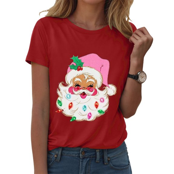 larppty Santa Face Printed Retro Christmas Xmas Holiday T-Shirt for Women (Red, L)