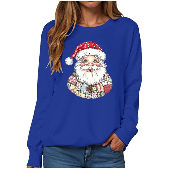 larppty Santa Print Tops for Women Sweatshirts Funny Family Matching Christmas Shirt Long Sleeve Pullover (Blue, L)