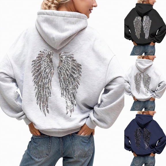 larppty Sequin Hoodies for Women Sparkly Wing Long Sleeve Hoodie Y2K Graphic Casual Pullover Sweatshirt (Black, XXL)
