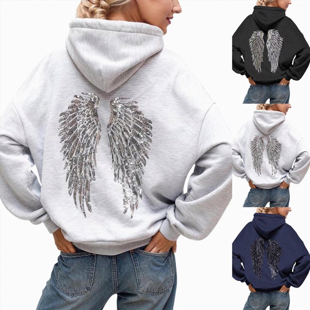 larppty Sequin Hoodies for Women Sparkly Wing Long Sleeve Hoodie Y2K Graphic Casual Pullover Sweatshirt (Navy, XL)