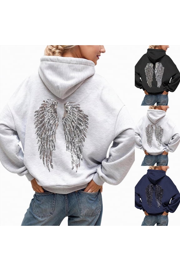 Sequin Hoodies for Women Sparkly Wing Long Sleeve Hoodie Y2K Graphic Casual Pullover Sweatshirt (Navy, XL)
