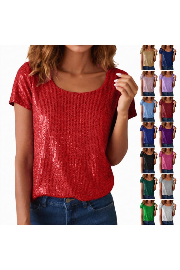 Sequin Shirt for Women's Sparkly Short Sleeve Party Bling Glitter Fashion Blouse Top (Hot Pink, XXL)