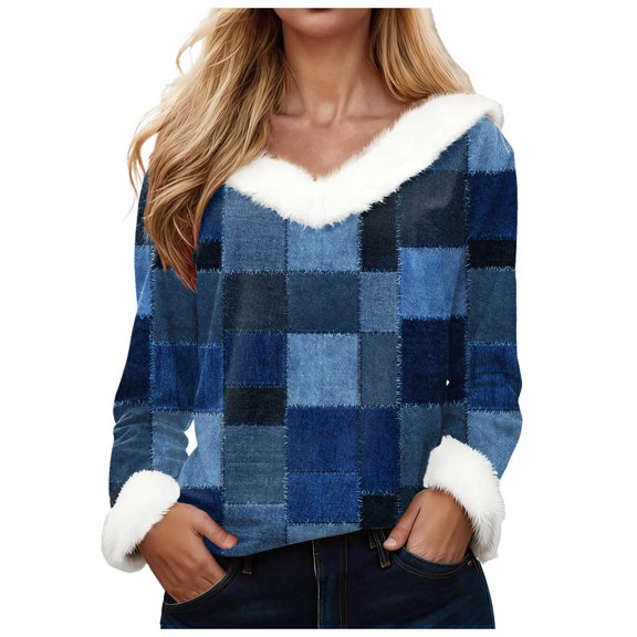 larppty Shirts for Women Long Sleeve Fur Collar Shirt Cute Fashion Blouse Vacation Tees Pullover Loose Fit (Dark Blue, 5XL)