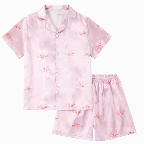 larppty Silky Satin Pajama for Girls - Pink Bow Coat Style Button Down Short Sleeve Set 2-Piece PJ(Watermelon Red,11-12 Years)
